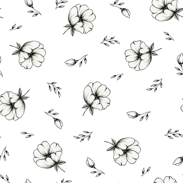 Seamless Pattern Black White Flower Motif Line Drawing Elegant Flower — Stock Photo, Image