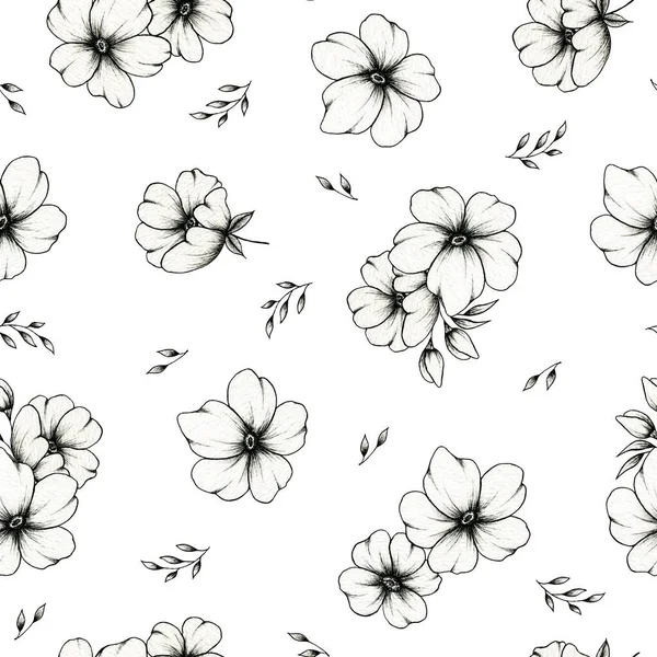 Seamless Floral Pattern Design White Black Line Drawing Flowers Leaves — Stock Photo, Image