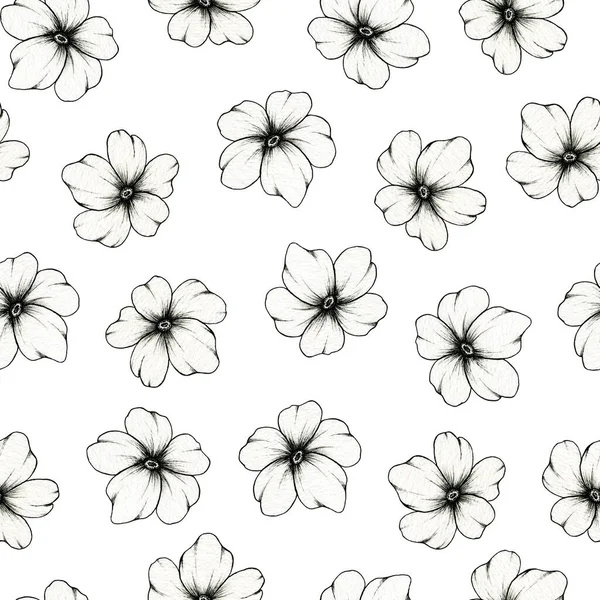 Simple Floral Surface Pattern Design White Botanic Seamless Background Hand — Stock Photo, Image