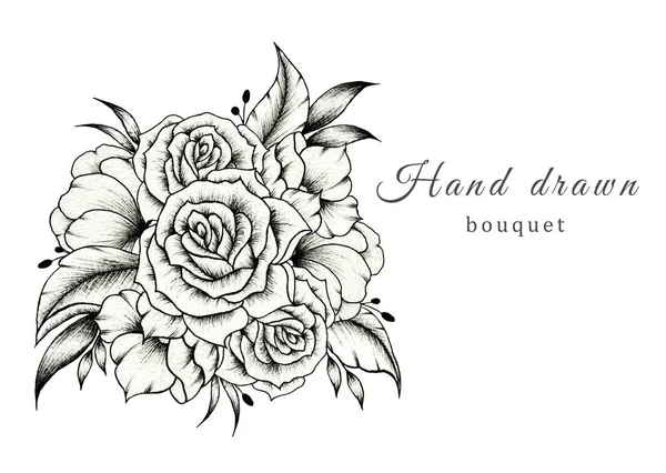手绘婚礼花束 用白色隔开 春花作曲 用玫瑰 美丽的植物图案和黑色墨水作画 用于卡片 印刷品 婚礼或邀请函 — 图库照片