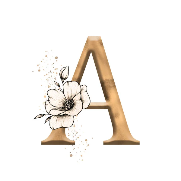 图文并茂的花卉字母表 带有老式花卉花束组成的金色字母A 为婚宴邀请函 招贴画和其他设计提供了独特的首字母组合 — 图库照片