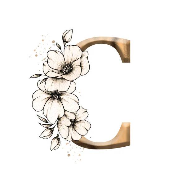 图形花卉字母表 带有老式花卉花束组成的金色字母C 结婚邀请函 招贴画和其他图案的独特首字母组合 — 图库照片