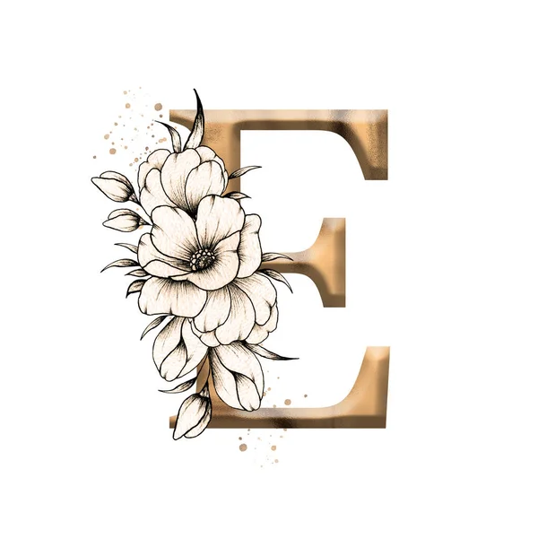 图形花卉字母表 带有老式花卉花束组成的金色字母E 为婚宴邀请函 招贴画和其他设计提供了独特的首字母组合 — 图库照片