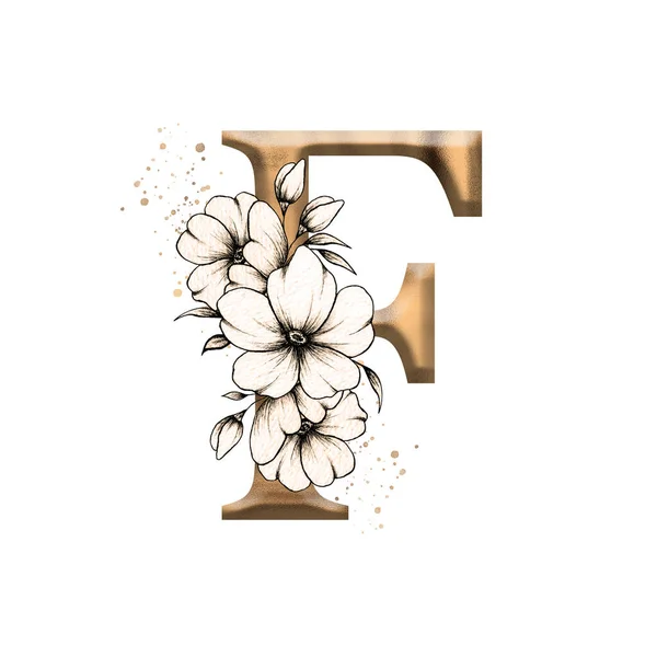 图形花卉字母表 金色字母F 有老式花卉花束组成 独特的首字母 完美的婚宴请柬 海报和其他设计 — 图库照片