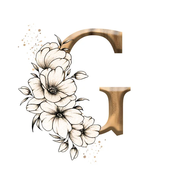 图文并茂的花卉字母表 带有老式花卉花束组成的金色字母G 结婚邀请函 招贴画等独特的首字母组合 — 图库照片