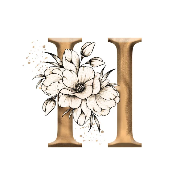 图文并茂的花卉字母表 带有老式花卉花束组成的金色字母H 结婚邀请函 招贴画和其他图案的独特首字母组合 — 图库照片