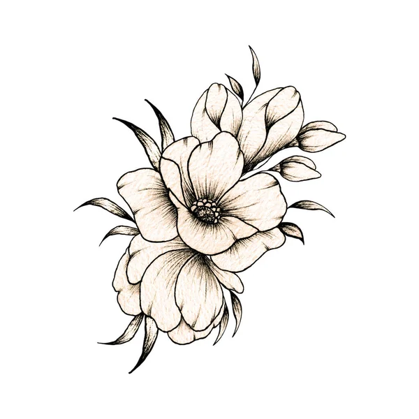 ヴィンテージウェディング花束 春の花の組成物 美しい植物画の水墨画やカード プリント 結婚式や招待のための黒い花のスケッチ — ストック写真
