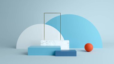 Geometrik formlarla soyut asgari sahne. Küp podyumlar krem cwcase, dükkan önü, kozmetik podrutları göstermek için sahne. vitrin. 3 boyutlu görüntüleme. Renkler. Soyut arkaplan. Sho!