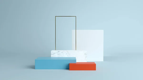 Escena mínima abstracta con formas geométricas. Cubo podios en crema de reloj, escaparate, Escena para mostrar poductos cosméticos. vitrina. 3d render. olores. Fondo abstracto. Sho. — Foto de Stock