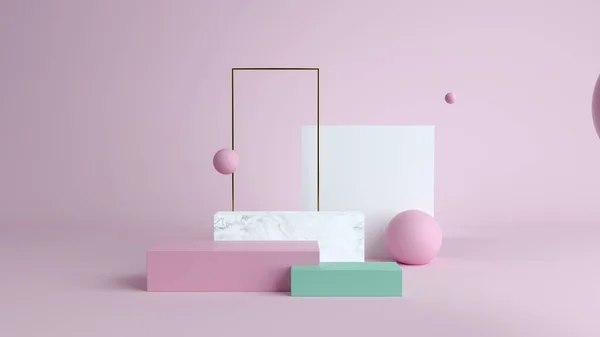 Scène minimale abstraite aux formes géométriques. Podiums cube en étui crème, devanture de magasin, Scène pour montrer podructs cosmétiques. vitrine. 3d rendu. Couleurs. Contexte abstrait. Sho ! — Photo