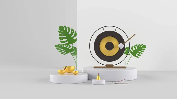 Ilustração 3d moderna. Conjunto de instrumentos musicais para ioga e meditação sobre fundo branco. Gong, tigela cantando tibetano, sino, incenso, plantas verdes. — Fotografia de Stock