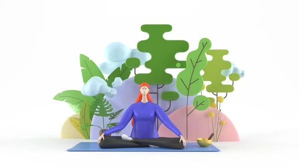 3D-Illustration. Eine junge, gesunde, schöne Frau praktiziert Yoga, sitzt in der Lotusposition auf einer Yogamatte, meditiert, lächelt entspannt mit geschlossenen Augen, vor einem Hintergrund von Bäumen und — Stockfoto