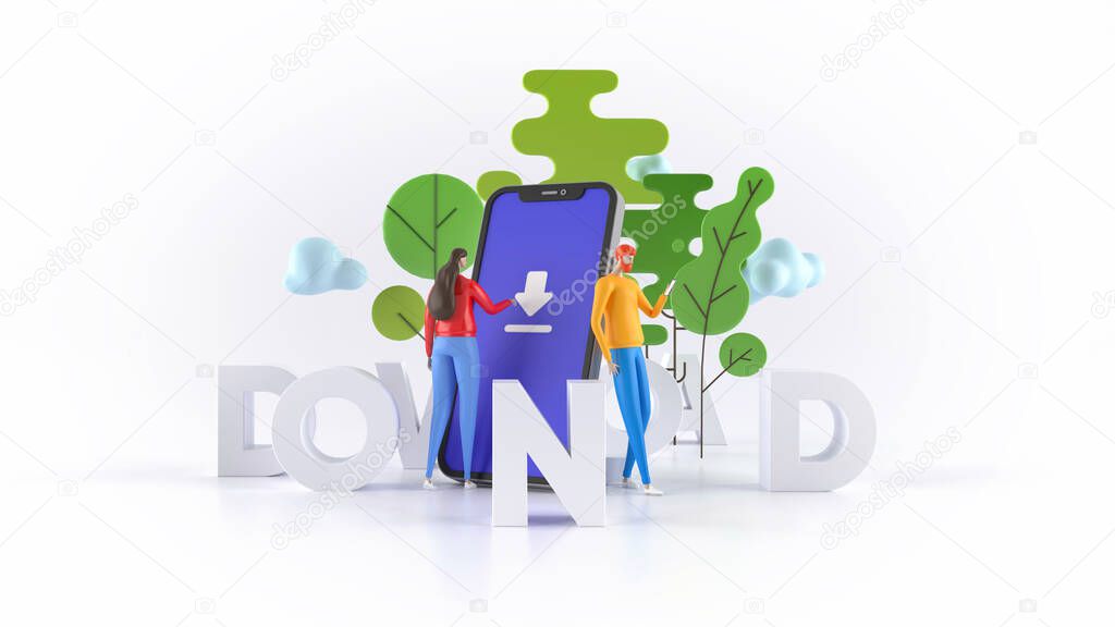 3D illustration. A man and a woman standing near a large cell phone . Concept download application
