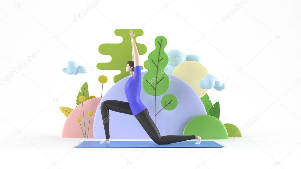 3d illustration. A young, healthy yoga man practitioner standing in asana on a yoga mat, meditating, with a background of trees and abstract figures. 