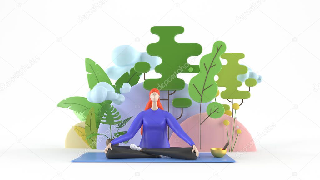 3d illustration. A young, healthy, beautiful woman practicing yoga, sitting in the lotus position on a yoga mat, meditating, smiling relaxedly with her eyes closed, against a background of trees and