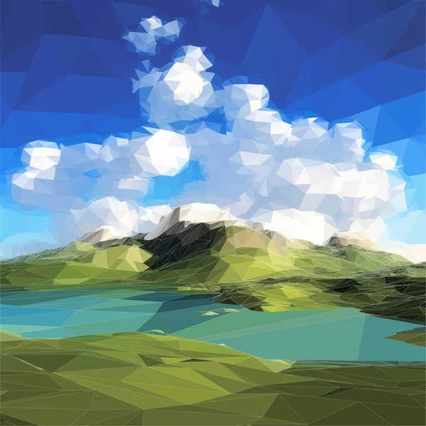 Bajo paisaje polivinílico. Montañas, nubes y cielo azul. Ilustración vectorial — Archivo Imágenes Vectoriales