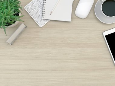 Wood office desk table with computer, smartphone, supplies and coffee cup. clipart
