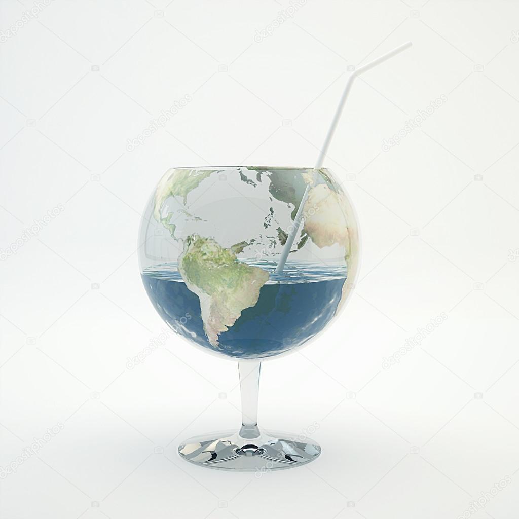 Glass with water in form of planet earth.