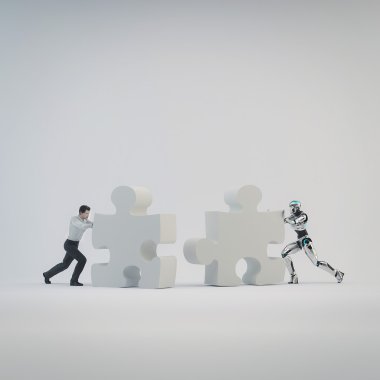 Robot and businessman man pushed part of the puzzle. clipart