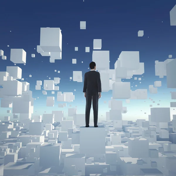 İş adamı kürsüye küp ve geleceğe bakmak.