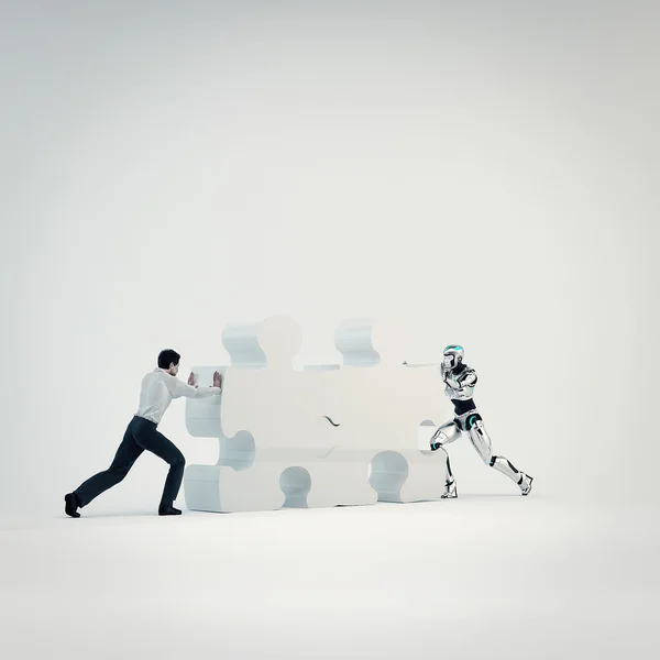 Robot and businessman man pushed part of the puzzle