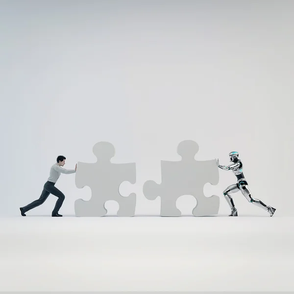 Robot y hombre de negocios empujaron parte del rompecabezas — Foto de Stock