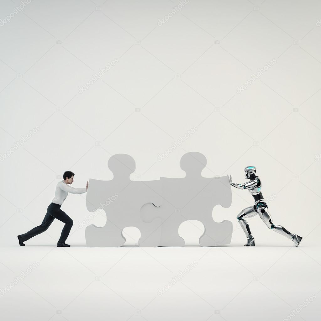 Robot and businessman man pushed part of the puzzle