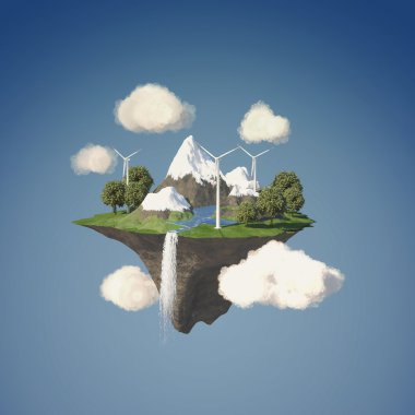 Island floating in the sky with wind turbine and trees clipart