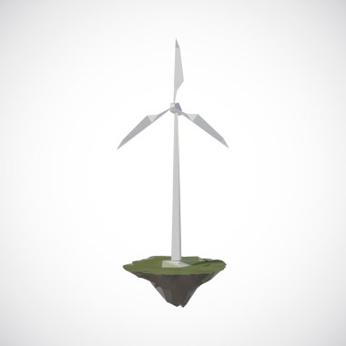 Wind turbines on floating island, low poly style. clipart