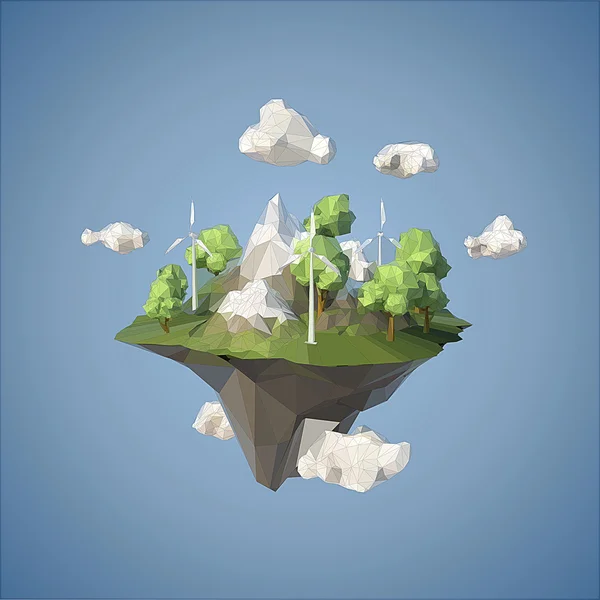 Isla flotando en el cielo con turbina eólica y árboles, de bajo estilo polivinílico . — Vector de stock