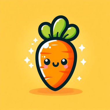 Neşeli bir havuç karakteri. Etrafında gülen bir yüz ve ışıltı var..