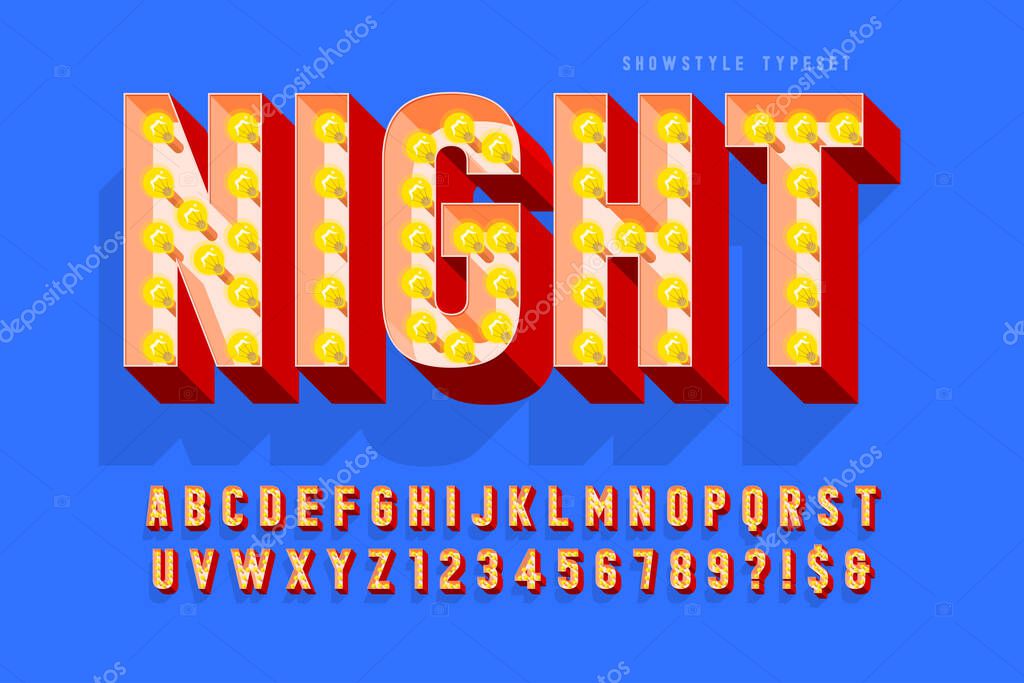 Retro cinema font design, cabaret, lamps letters and numbers. Swatches color control
