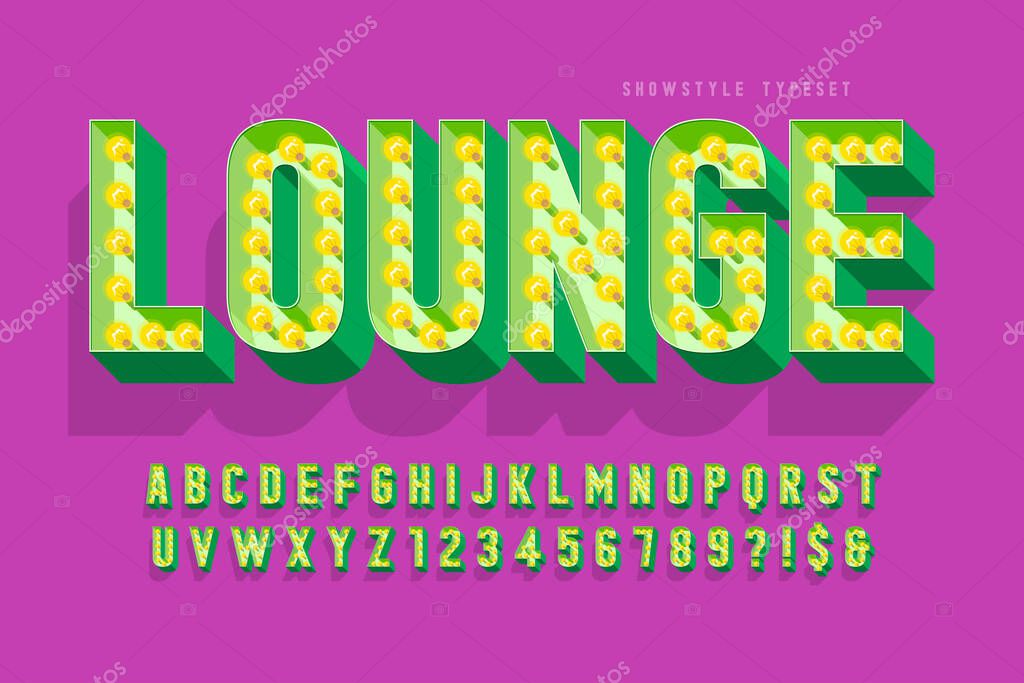 Retro cinema font design, cabaret, lamps letters and numbers. Swatches color control