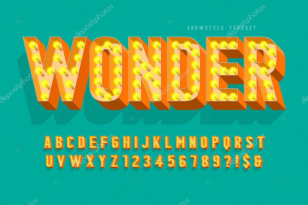 Retro cinema font design, cabaret, lamps letters and numbers. Swatches color control