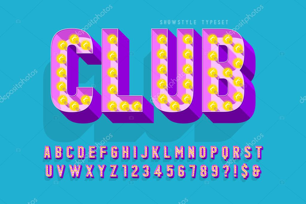 Retro cinema font design, cabaret, lamps letters and numbers. Swatches color control