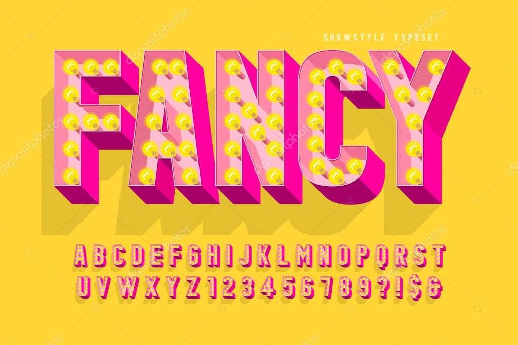 Retro cinema font design, cabaret, lamps letters and numbers. Swatches color control