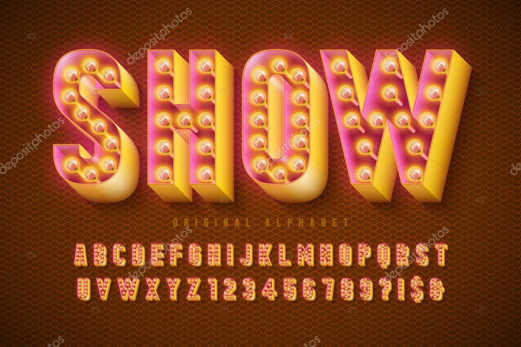 Retro cinema font design, cabaret, lamps letters and numbers. Swatches color control