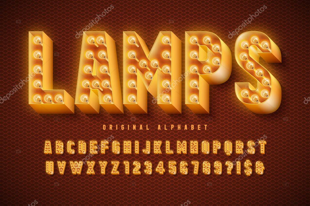 Retro cinema font design, cabaret, lamps letters and numbers. Swatches color control