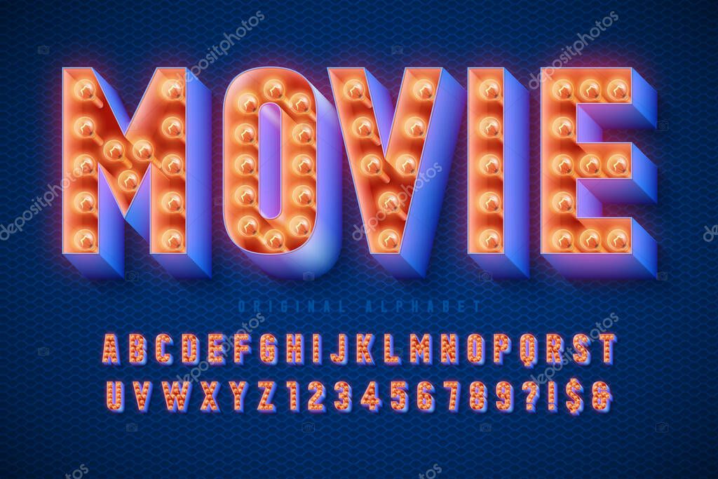 Retro cinema font design, cabaret, lamps letters and numbers. Swatches color control