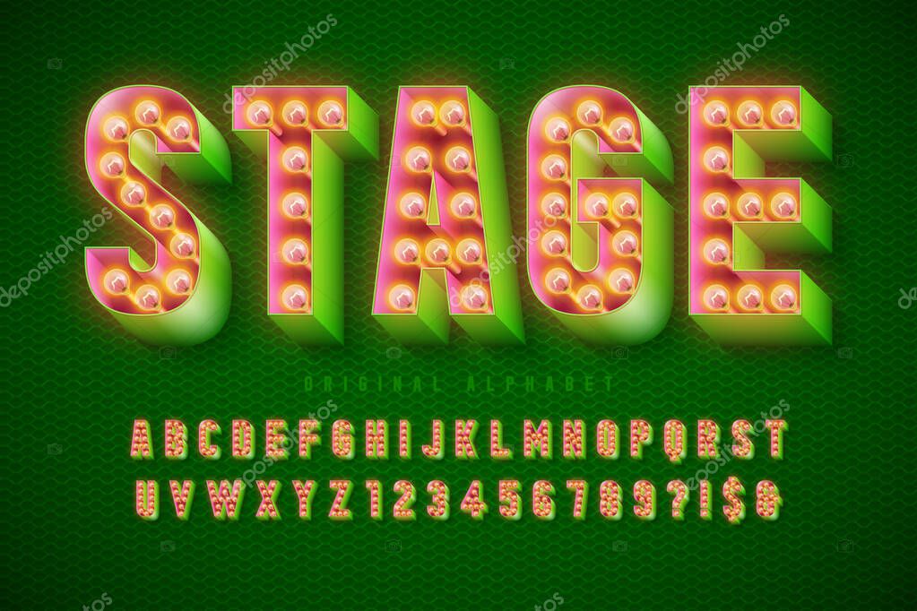 Retro cinema font design, cabaret, lamps letters and numbers. Swatches color control
