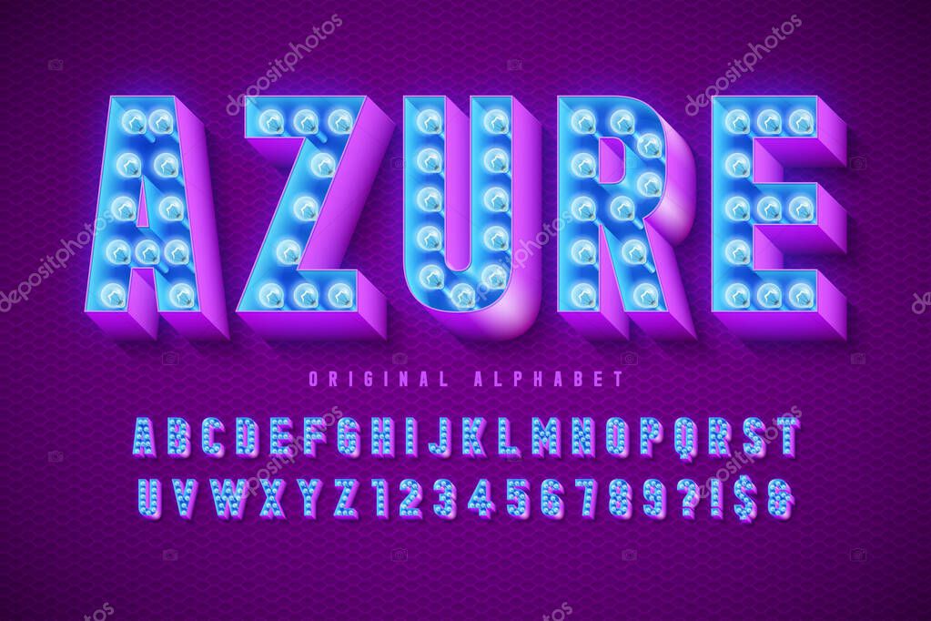 Retro cinema font design, cabaret, lamps letters and numbers. Swatches color control