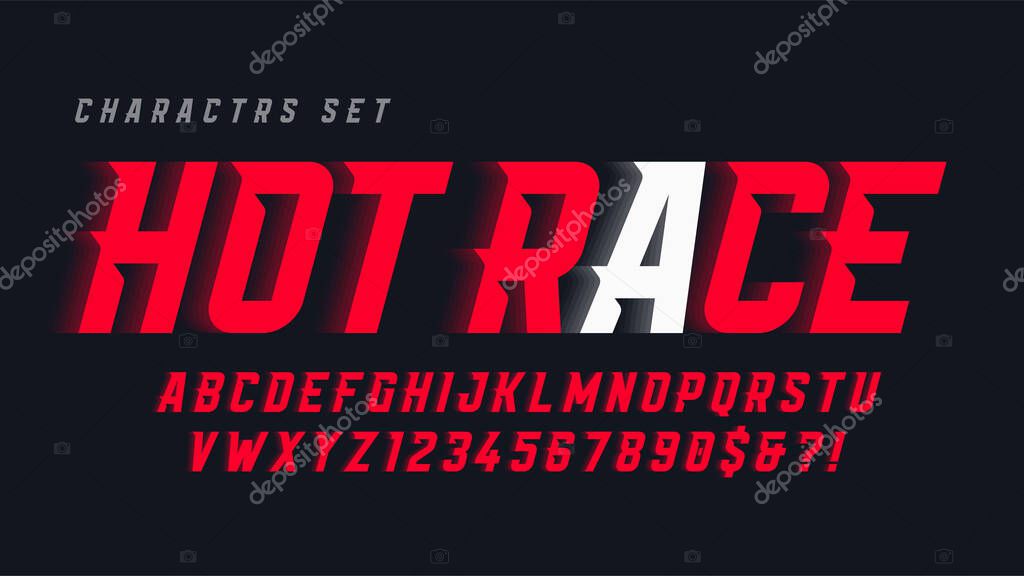 Dynamic alphabet design, letters and numbers. Vector characters. 15 degree skew