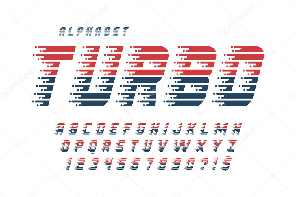 Dynamic alphabet design, letters and numbers. Vector characters. 15 degree skew