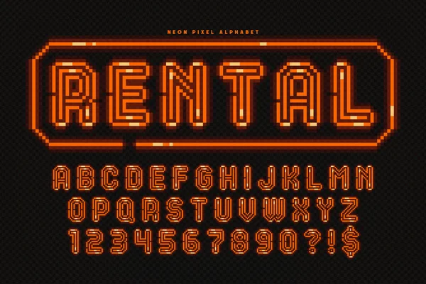 Pixel neon alfabet ontwerp, arcade stijl. Hoog contrast, retro-futuristisch. — Stockvector