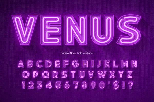 Neon light alfabeto 3d, extra luminoso tipo origainal. — Vettoriale Stock