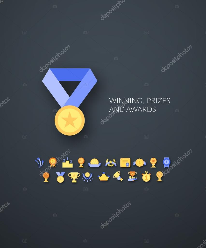 Flat design modern of brand identity style, web and mobile design, design element objects and collection for company branding, vector illustration icons set 28 - winning, prizes and awards
