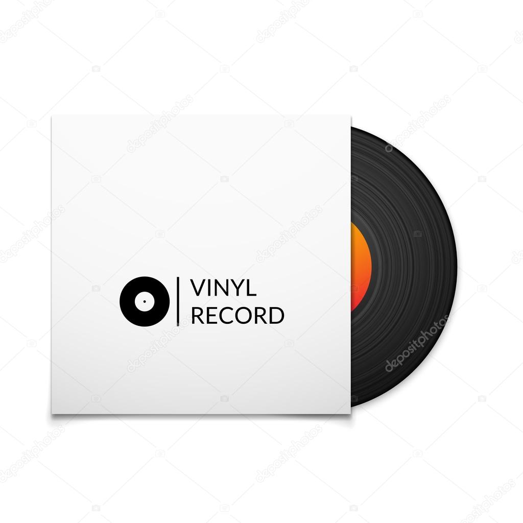 Black vintage vinyl record with blank cover case isolated on white background