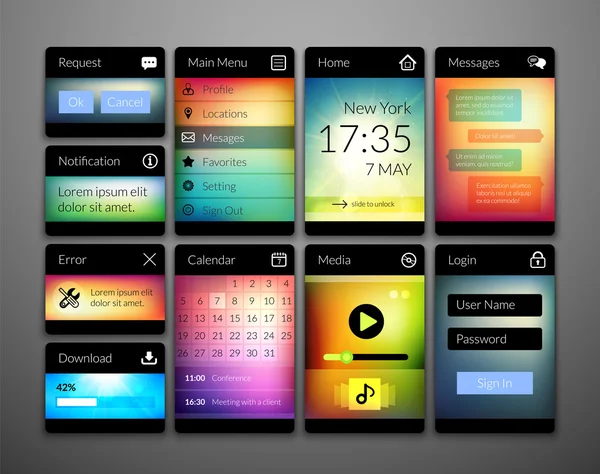 Mobiele interface elementen met kleurrijke behang — Stockvector