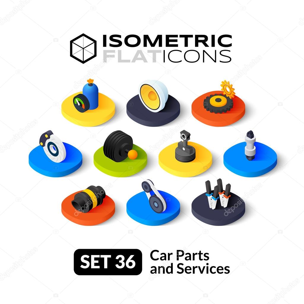 Isometric flat icons, 3D pictograms vector set - Car parts and services symbol collection