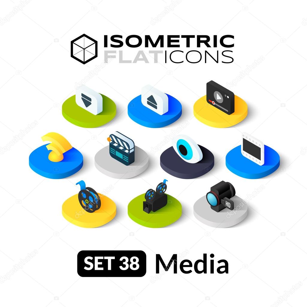 Isometric flat icons, 3D pictograms vector set - Media symbol collection